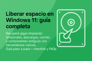 Portada guía: Liberar espacio en Windows 11 con Storage Sense, limpieza de disco y recomendaciones. liberar espacio Windows 11, Storage Sense, borrar archivos temporales, limpiar disco, optimizar almacenamiento, recomendaciones limpieza, free up space Windows 11, Storage Sense, delete temporary files, clean up disk, optimize storage, cleanup recommendations