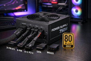 Fuente de alimentación para PC mostrando conectores y certificación 80 Plus en una configuración gaming moderna