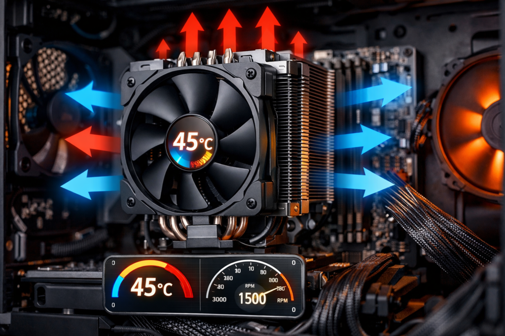 Procesador con disipador mostrando control de temperatura y flujo de aire dentro de un PC