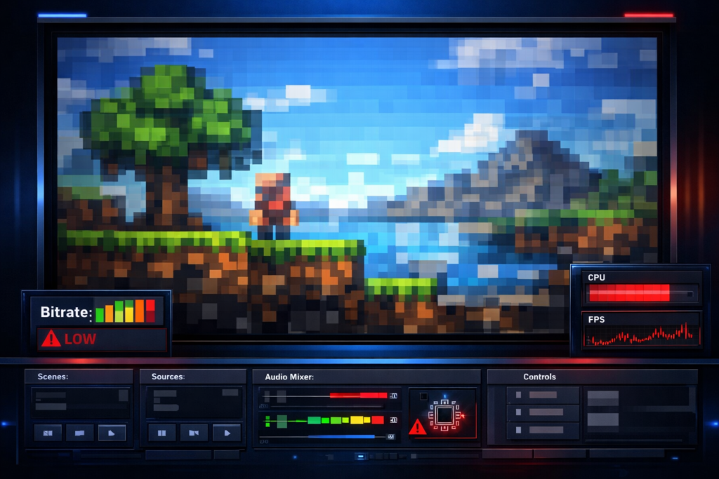 Stream pixelado en OBS mostrando baja calidad de imagen y configuración incorrecta