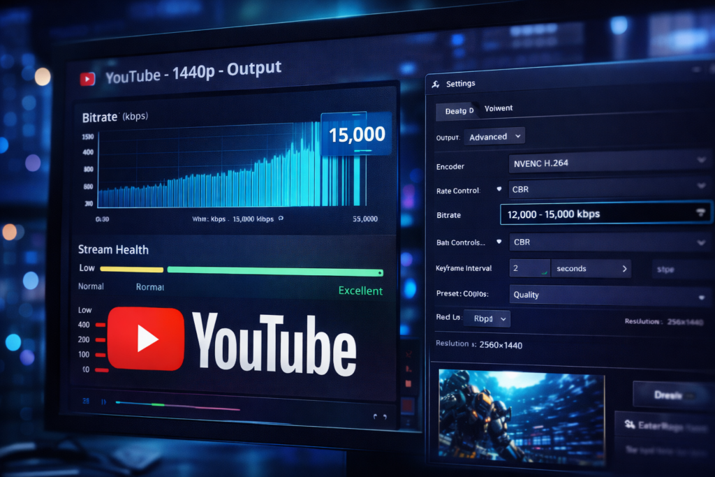 Configuración de streaming en YouTube 1440p mostrando bitrate y calidad de transmisión