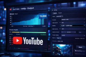 Configuración de streaming en YouTube 1440p mostrando bitrate y calidad de transmisión