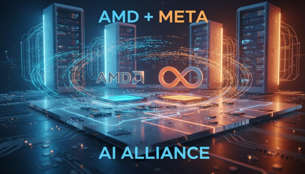 Logos de AMD y Meta sobre un fondo tecnológico de centros de datos de inteligencia artificial.