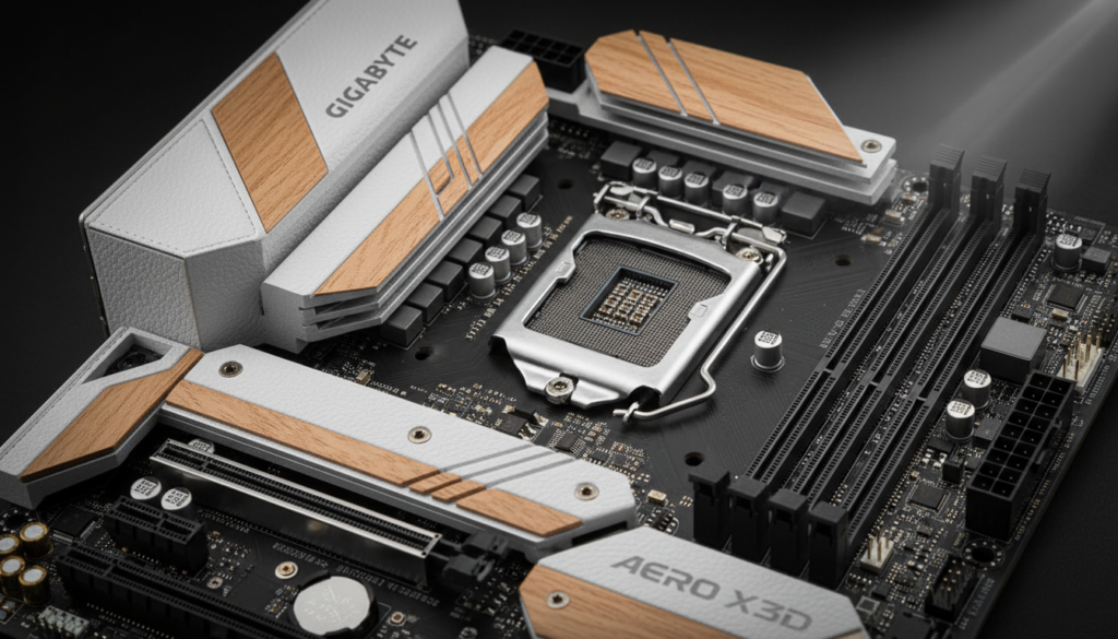 Detalle de la placa base Gigabyte X870E Aero X3D con acabados en madera