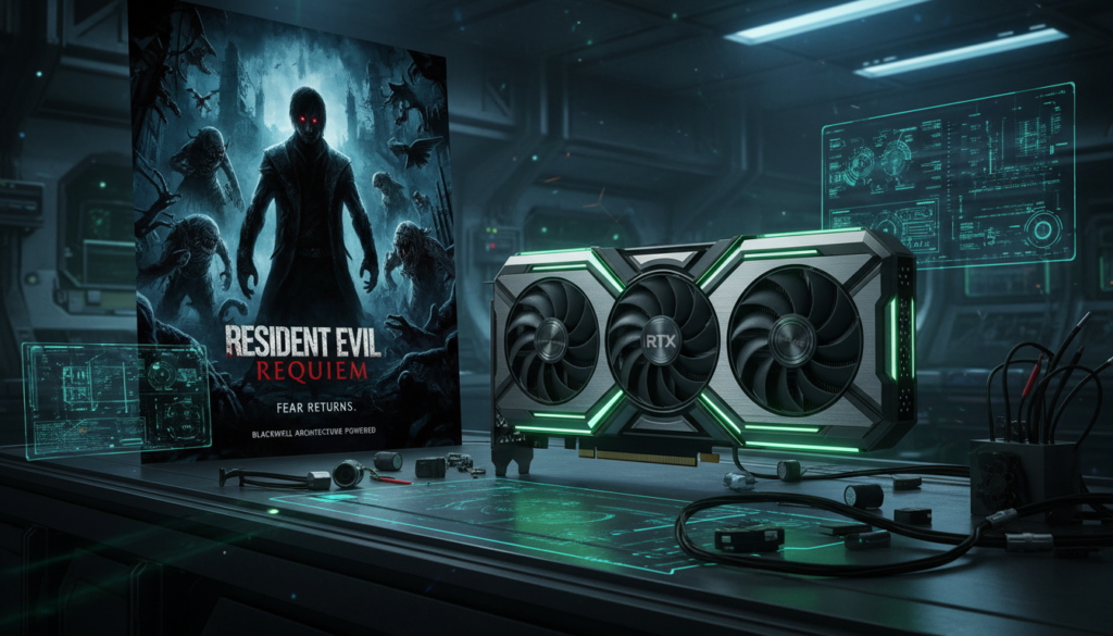 Tarjeta gráfica Nvidia RTX 50 con el juego Resident Evil Requiem
