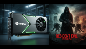 Tarjeta gráfica Nvidia RTX 5090 junto al logo de Resident Evil Requiem