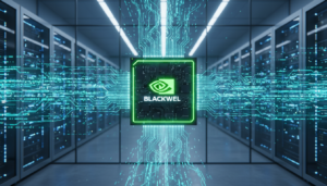 Chip NVIDIA Blackwell en un centro de datos futurista