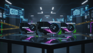 Tres tarjetas gráficas de gama alta RTX 4090 en una tienda de informática.