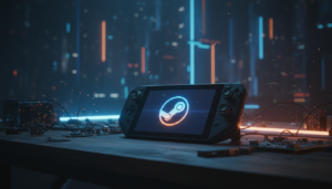 Consola Steam Deck de Valve en un entorno tecnológico oscuro