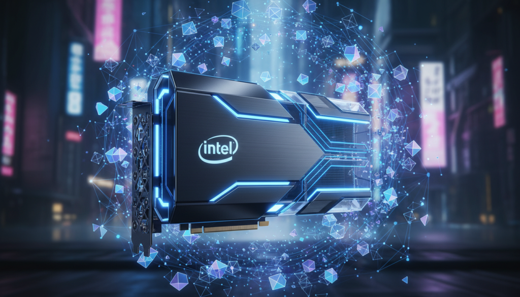 Tarjeta gráfica Intel Arc B-series con iluminación azul futurista