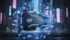 Tarjeta gráfica Intel Arc B-series con iluminación azul futurista