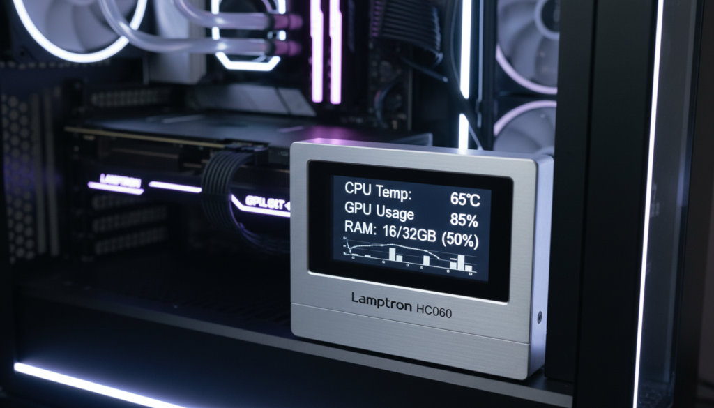 Monitor de hardware Lamptron HC060 y HM049 plateado mostrando datos de rendimiento del PC