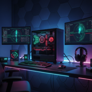 Setup de gaming futurista con una GPU brillante, representando el equilibrio perfecto entre rendimiento y precio en 2024.