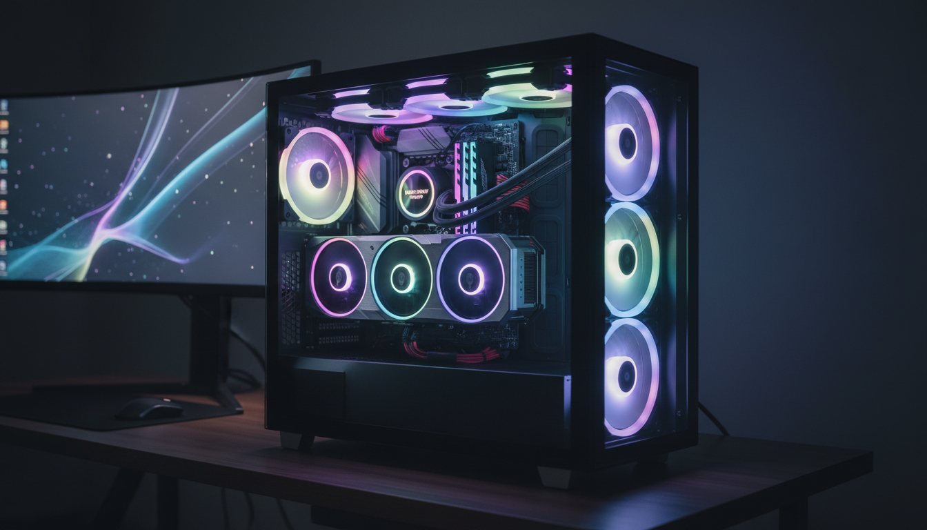 Tarjeta gráfica moderna instalada en un PC gaming con iluminación RGB
