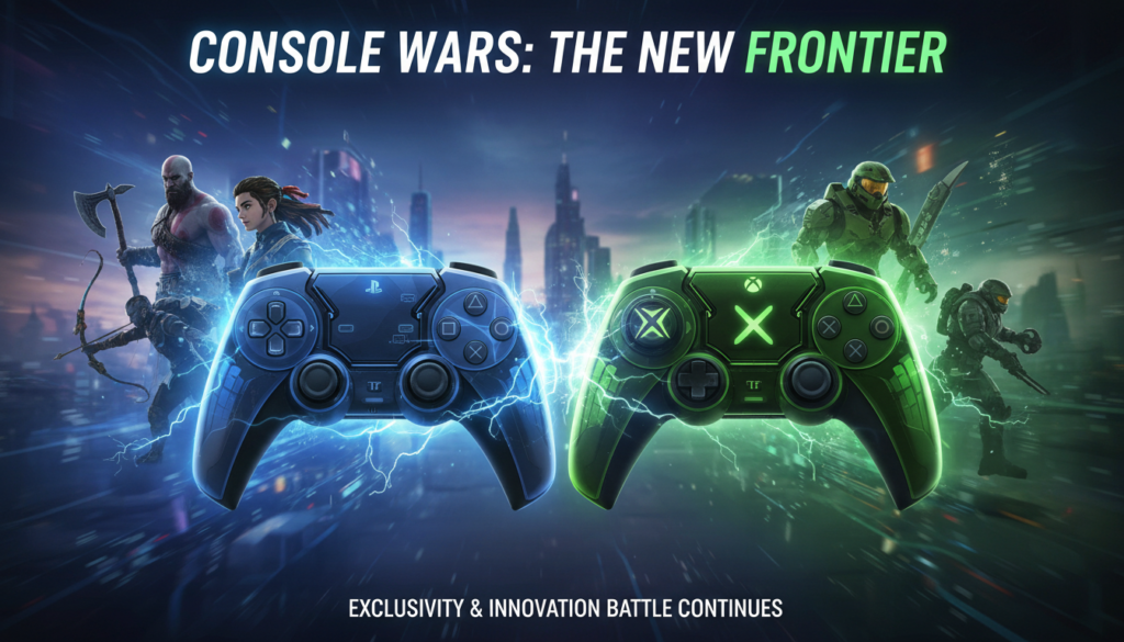 Un mando de consola dividido, representando la competencia y exclusividad entre plataformas de videojuegos.