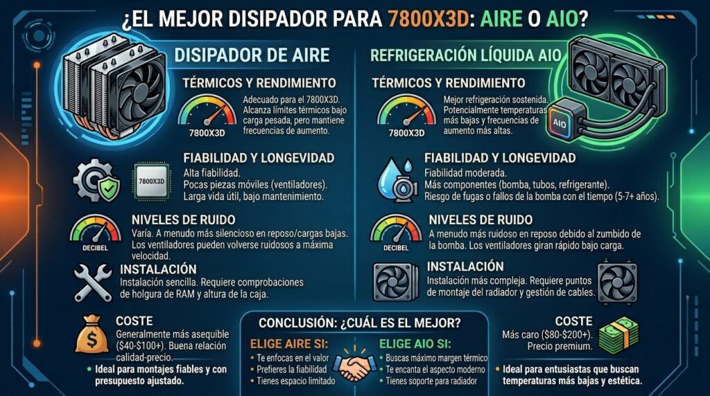Infografía comparativa sobre disipador de aire y refrigeración líquida AIO para un procesador 7800X3D, con diferencias en rendimiento térmico, ruido, instalación, fiabilidad y coste.