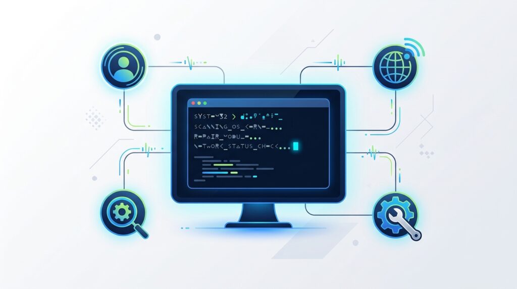 Persona usando la terminal de Windows con comandos CMD esenciales