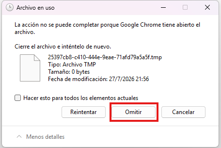 Mensaje de Windows indicando que un archivo temporal está en uso con la opción Omitir