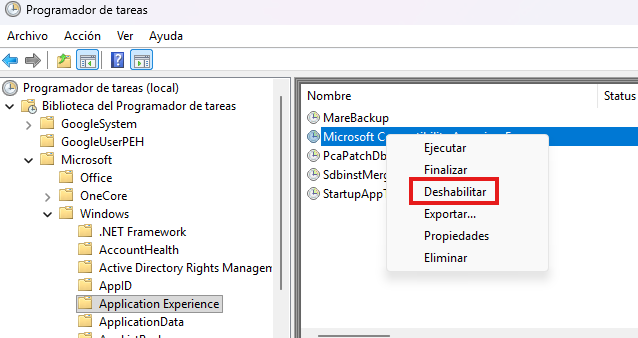 Menú contextual del Programador de tareas con la opción Deshabilitar