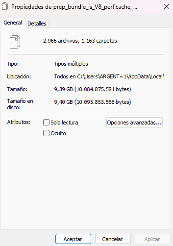 Propiedades de los archivos temporales mostrando el espacio total ocupado