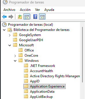 Ruta Application Experience dentro de la Biblioteca del Programador de tareas