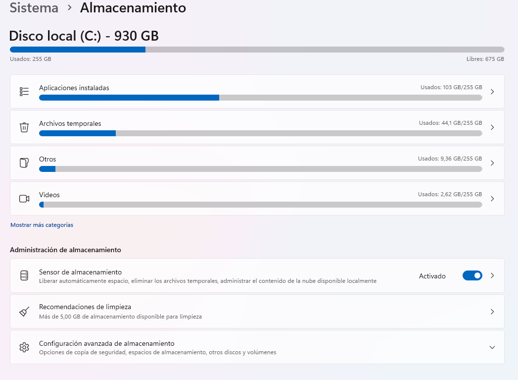 Sensor de almacenamiento dentro de la configuración de Windows 11