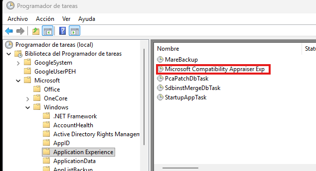 Tarea Microsoft Compatibility Appraiser seleccionada en el Programador de tareas
