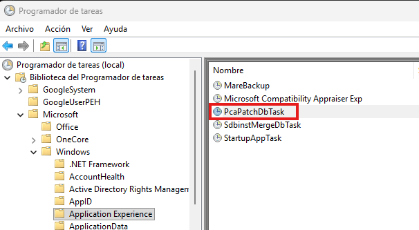 Tarea PcaPatchDbTask seleccionada dentro del Programador de tareas de Windows