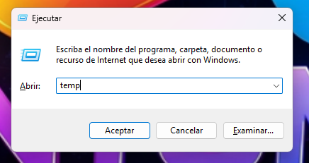 Ventana Ejecutar de Windows con temp escrito sin signos de porcentaje