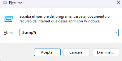 Ventana Ejecutar de Windows con el comando %temp%