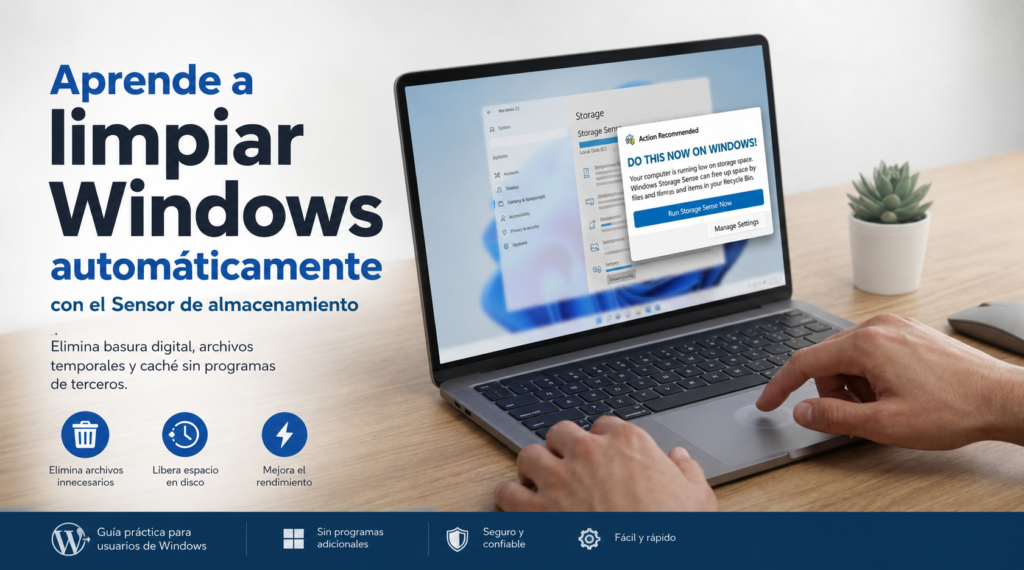 Cómo limpiar Windows automáticamente con el Sensor de almacenamiento para eliminar archivos temporales, caché y liberar espacio.