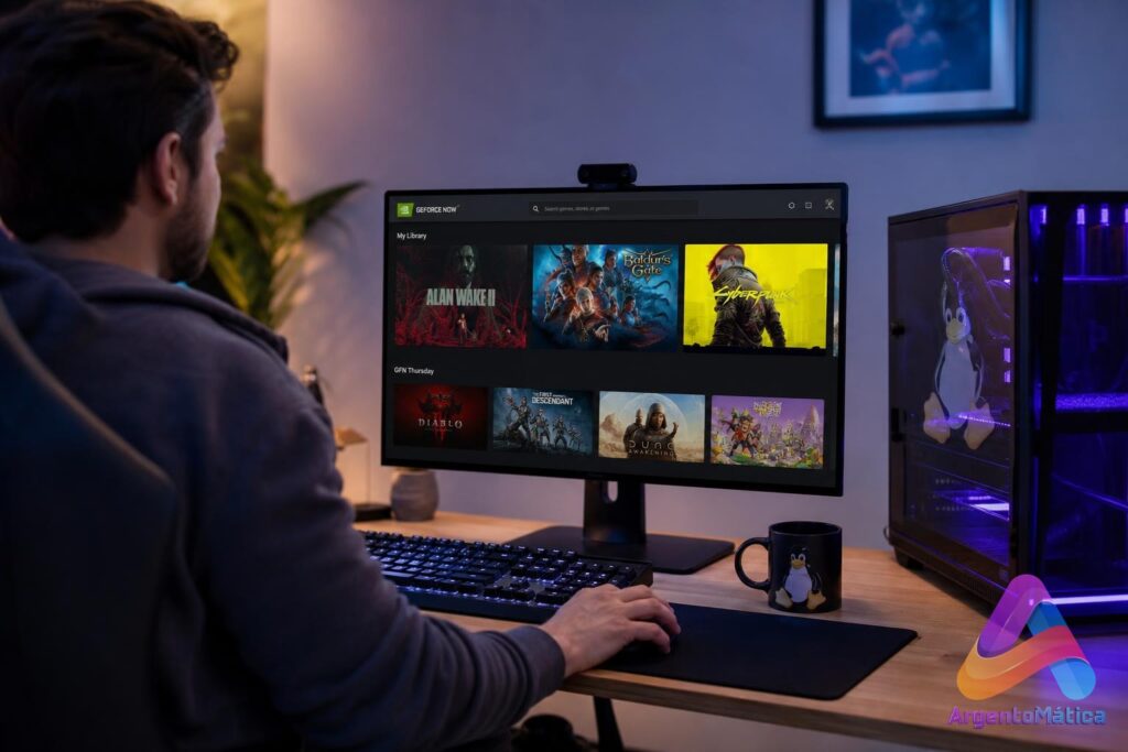 Gamer utilizando NVIDIA GeForce NOW para Linux en PC con Linux