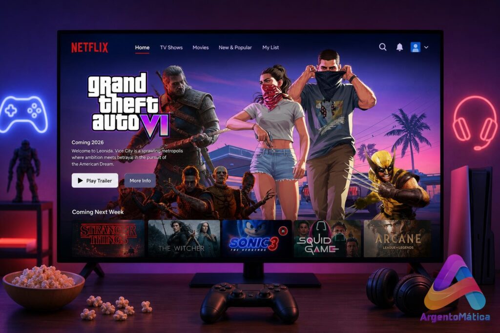 GTA VI trailer on Netflix interface with gaming symbols.