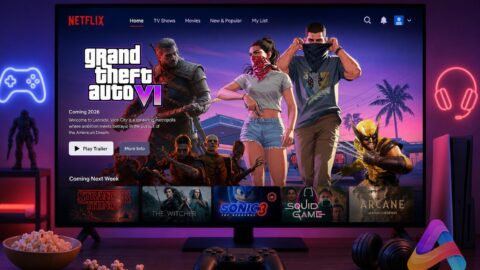 GTA VI trailer on Netflix interface with gaming symbols.
