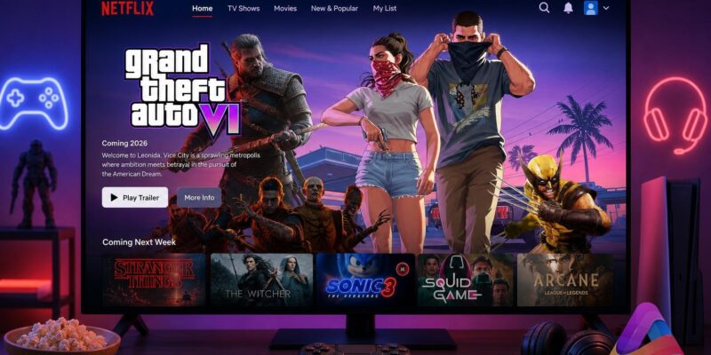 GTA VI trailer on Netflix interface with gaming symbols.